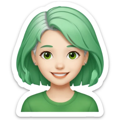 girl with green color hair clip, white hair. sticker