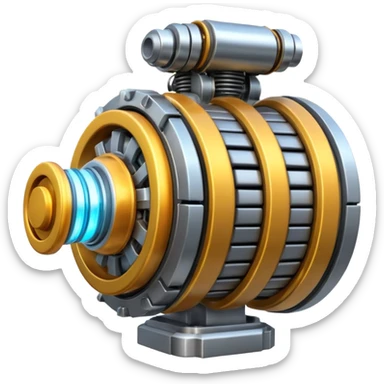 Dynamic high-mass futuristic engine emoji with thick metal housing, rotating components, glowing core, modern tech design. sticker