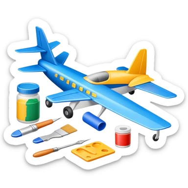 photorealistic icon featuring model-building tools like glue, paint, paintbrushes, pieces of a plastic model airplane in the process of being assembled. The design includes detailed textures of the model pieces and tools, capturing the focus and creativity of model building. Transparent background. sticker