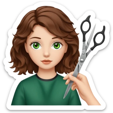 Girl with green eyes and brown wavy hair getting haircut with scissors sticker