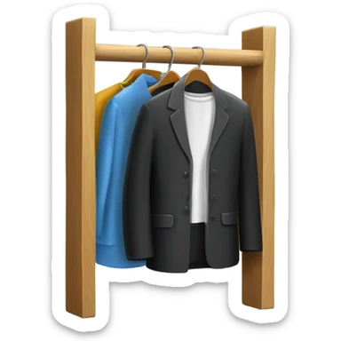 Design an emoji-style icon of an open wardrobe with clothes hanging inside. Include details like a wooden frame, hangers, and black different clothing items such as shirts or any other clothing . Use a clean and minimalistic design. sticker