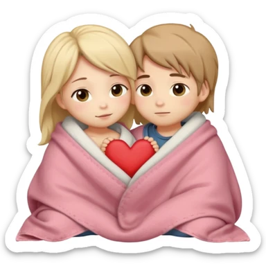 "Cute romantic chibi couple cuddling in bed, kissing gently with blushing cheeks. Both characters under a cozy blanket so clothing is not visible, only shoulders showing. Soft warm lighting, small heart above them, smooth shading, round chibi faces, clean outlines, sticker-style illustration." sticker