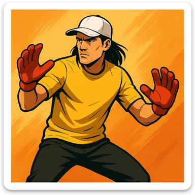 ilustración de un portero con ropa amarilla, gorra blanca, pelo largo negro, pantalón negro, guantes rojos y cara seria, estilo deportivo moderno sticker