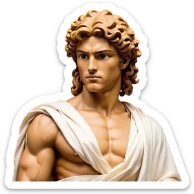 Cinematic Realistic Hercules Portrait, depicted as a classical Greek hero merging the fierce masculinity of Hercules with the refined face of Michelangelo's David. His light tan, chiseled skin glows with timeless strength, and his thick, curly, golden brown hair cascades in natural, sculpted curls reminiscent of a warrior’s mane. Draped in a flowing white robe with delicate golden accents and crowned with a traditional Greek laurel wreath, his intense, determined eyes exude noble might, all rendered under dynamic natural lighting with a mythic, radiant glow. sticker