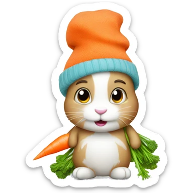 Bunny in a winter hat with a carrot sticker