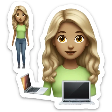 Girl white light brown medium hair with MacBook realistic color light green-blue sticker