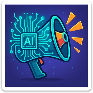 glowing circuit board forming a megaphone, blending AI and marketing concepts, sleek futuristic look, vibrant toon style sticker