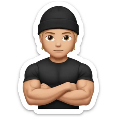 Muscular hero in black beanie, serious expression, folded arms.



































 sticker
