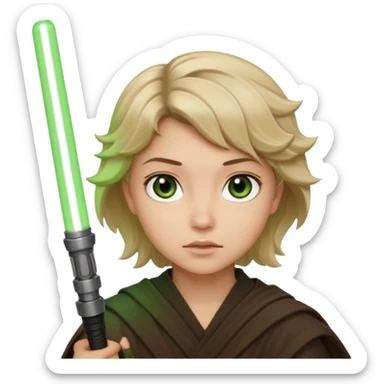 Young jedi with dark brown eyes and sandy blonde wavy short hair holding a green light saber.  sticker