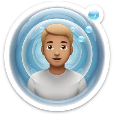 A man in simple casual clothes inside a transparent echo chamber bubble. Sound waves inside the bubble reflect back to him, showing only repeated versions of his own beliefs. Outside voices and symbols are muted or faded. Emoji-style render, soft lighting sticker