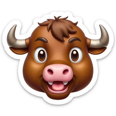 Cinematic Comical Brown Bull Portrait Emoji, Head tilted dramatically with an exaggeratedly amused expression, featuring a striking, glossy brown hide with a bold natural sheen, wide, expressive dark eyes filled with playful disbelief, Simplified yet hilariously expressive features, highly detailed, glowing with a slightly sassy glow, high shine, dramatic yet playful, stylized with an air of cheeky mischief, bright and endearing, soft glowing outline, capturing the essence of a spirited and over-the-top bull, so meme-worthy it feels like it could charge its way into internet fame instantly! sticker