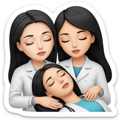 mulher branca cabelo longo e preto aplicando cilios em outra mulher que esta deitada em uma maca de olhos fechados sticker