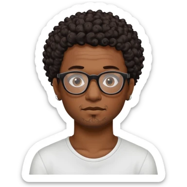 Black man emoji with short curly dark brown hair, black glasses, small tattoo on neck, artistic and adventurous expression sticker
