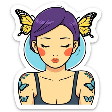  An Asian woman with tattoos of butterflies sticker