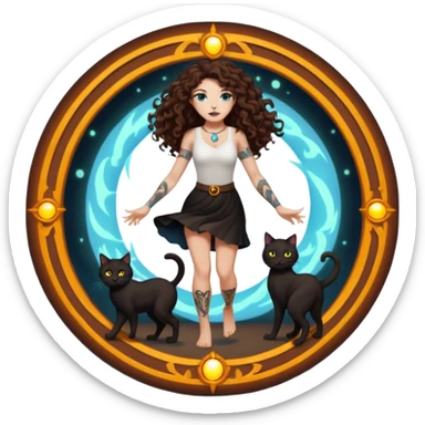 woman with long curly brown hair, brown eyes, white skin, tattoos, black cat stepping out of a glowing portal circle sticker