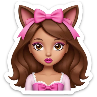 Bratz doll character with brown hair, pink bow, big lips, and foxy eyes sticker