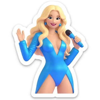 cheerful emoji inspired by a woman with long blonde hair, wearing a sparkly blue stage outfit and holding a microphone, smiling brightly, energetic and glamorous stage presence sticker