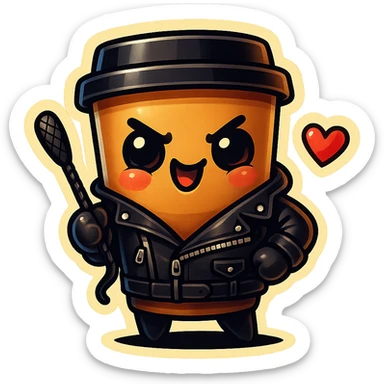 Tall coffee cup, dressed in leather holding a whipping paddle, mischevious, heart sticker