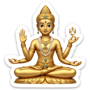 a golden statue of a Hindu deity seated in a yogic posture with one hand in a blessing gesture, adorned with ornate jewelry�. The figure sits on a decorated pedestal, radiating a sacred and traditional aura�. sticker