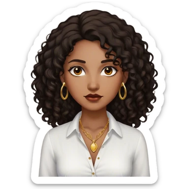 Dark Brown woman with dark curly long hair white dress shirt with gold small necklace no earrings sticker