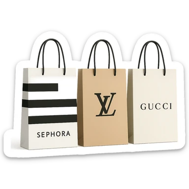 three shopping bags, one with Sephora branding, and two with other high-end store logos, luxury shopping theme, clean and modern style sticker