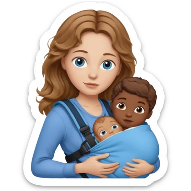 Caucasian woman with light brown wavy hair and blue eyes and dark skinned newborn in carrier sticker