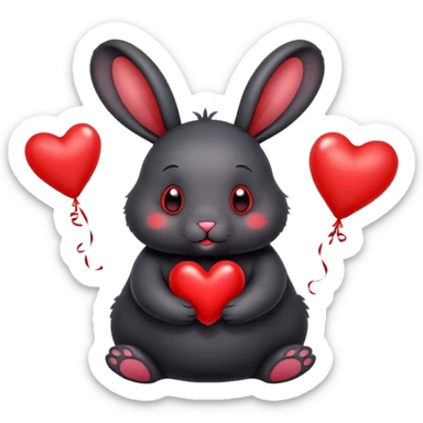 fat black rabbit with drooping ears and red metallic heart-shaped balloons sticker