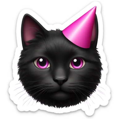 fluffy black cat with a black and pink party hat sticker