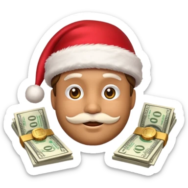 A confident rich emoji face wearing a Santa hat, money stacks, casino vibe, New Year theme, premium 3D emoji style, sharp details, no text, isolated on transparent background sticker