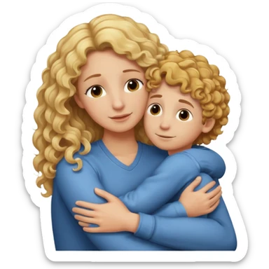 a mother with blond curly long hugging his son with brown hair and like saying its okay sticker