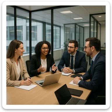 team meeting in a glass-walled room, collaborative atmosphere, professional environment sticker