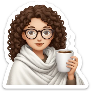 Brunette girl Curly and glasses in white blanket drinking coffee sticker