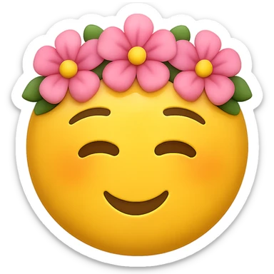 yellow face with pink flower crown, digital illustration, emoji style, no background sticker