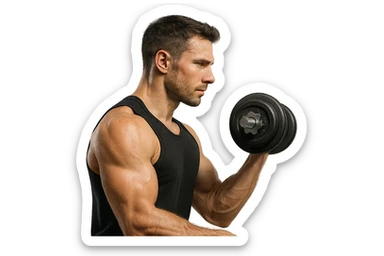 uomo fitness di profilo con manubrio da palestra in mano, iperrealistico 4k sticker