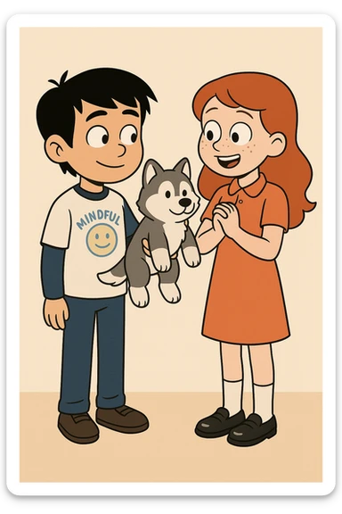 A boy Mindful Blue Original Long Sleeve T blue jeans brown shoe Chinese boy black hair Ringer T White Navy red trousers black shoe Siberian Girl red hair Orange Pro polo dress with socks black loafer a shoe Husky plushie  sticker