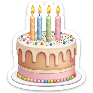 Beige, white and light pink birthday cake with candles and rainbow sprinkles sticker