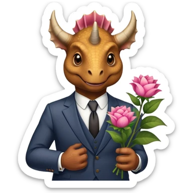 old triceratops in suit holding flowers sticker