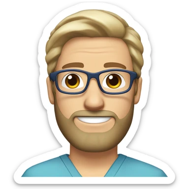 male blond doctor in scrub cap with grey van dyke beard with hazel eyes and small wire-rimmed glasses in blue scrubs holding a large paintbrush sticker