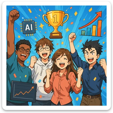 groupe de développeurs IA/ML heureux, levant les bras en signe de victoire, entourés de symboles de réussite comme trophée, confettis, graphiques en hausse, style anime dynamique sticker