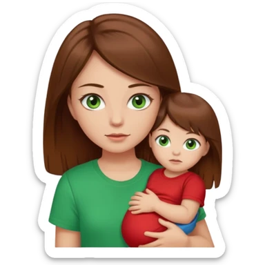 a girl with brown strait hair and has baby green eyes has a red t-shirt sticker