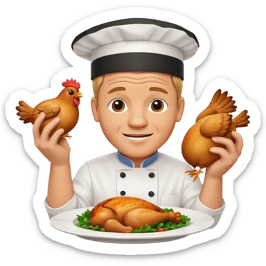 Gordon Ramsay cheerful, showing off a perfectly cooked chicken on a plate, chef uniform sticker
