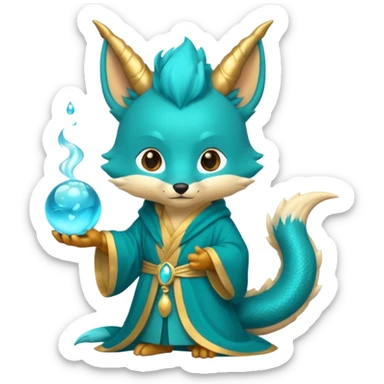 Chibi teal fox-dragon emoji with small antler horns, confident magical expression, gold mark on forehead, teal-gold robe, holding glowing blue water orbs, with dragon tail sticker