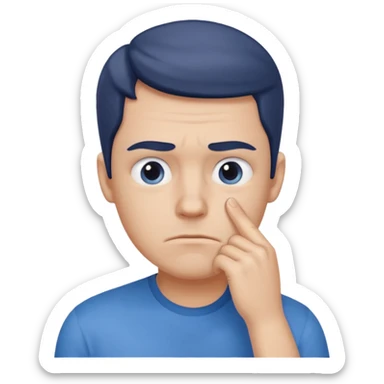 Blue shirt, significant frown, questioning, hand on chin, eyes looking in the corner sticker