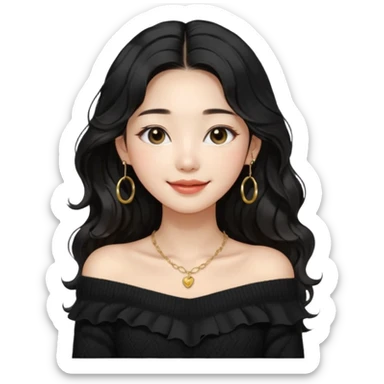 A South Korean girl with long, dark black wavy hair with middle part and layers. She is wearing a black off the shoulder long sleeve knit sweater, small gold hoop earrings and thin gold necklace. She is sweet and smiling with lips together sticker