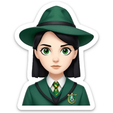 genevieve gaunt is Pansy Parkinson in harry potter, wear hogwarts slytherin uniform, black hair, not wearing hat sticker