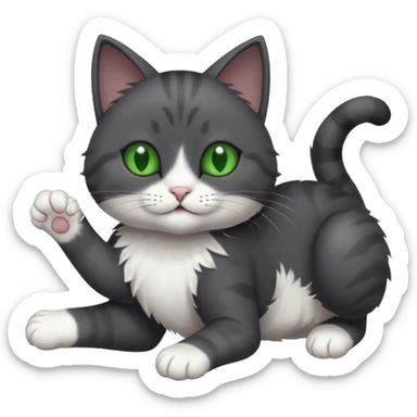 solid dark grey cat with green eyes, white toes/paws and white patch on her chest playfully rolling upside down sticker