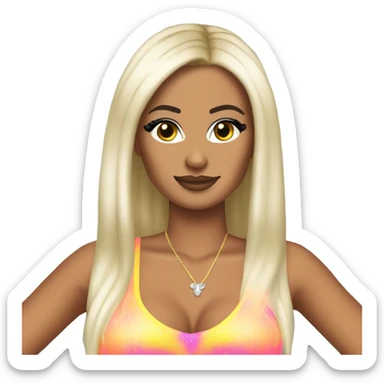 Tanned woman with long black hair, dressed in y2k Paris Hilton hair, makeup, and neon attire sticker
