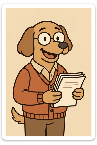 dog as a teacher, holding a stack of papers, wearing a cardigan and spectacles, cheerful and academic, cartoon style, colorful and friendly sticker