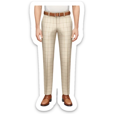 beige dress pants with distinct white grid pattern, formal trousers with clear white check pattern, cuffed hem, tailored pants with white plaid design, isolated garment only sticker