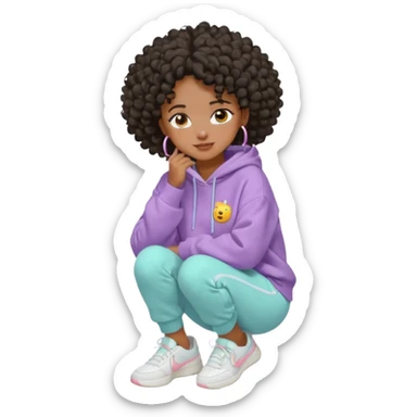 Black girl, clean girl aesthetic, 4C curly hair in a puff, pastel hoodie, white sneakers, minimal jewelry, soft smile, cozy vibe, bright colors, Apple-style emoji cry  sticker